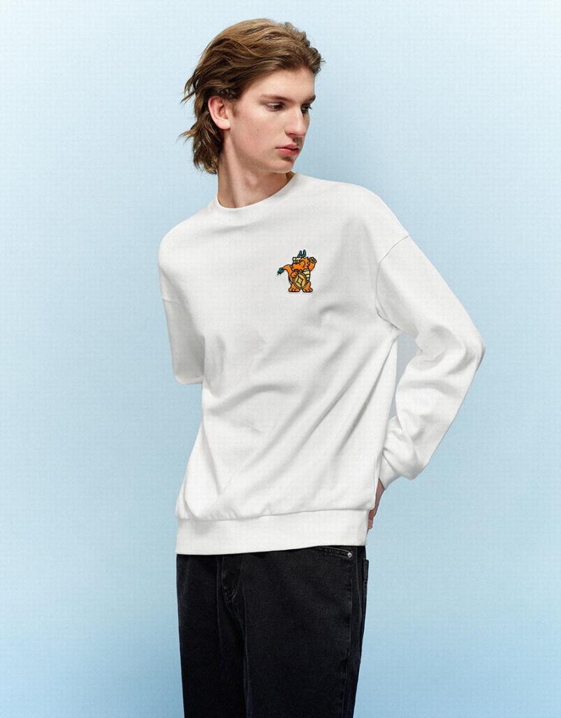 White Men's Urban Revivo Cartoon Embossed Crew Neck Sweatshirts | WOE1657MW