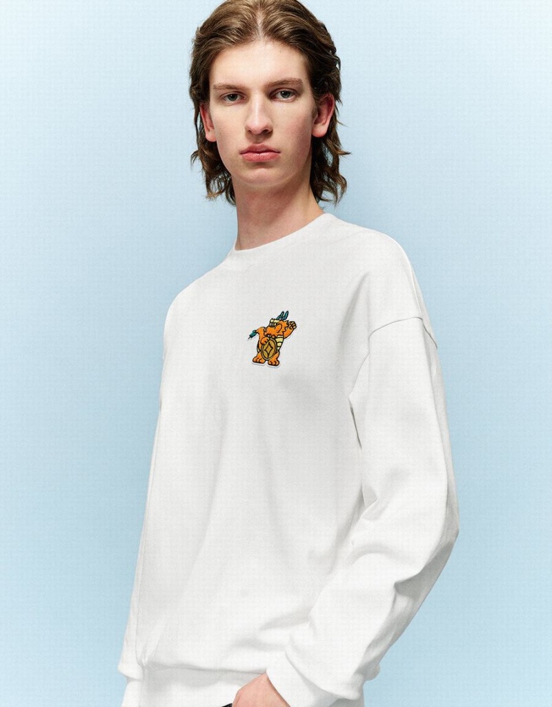 White Men's Urban Revivo Cartoon Embossed Crew Neck Sweatshirts | WOE1657MW