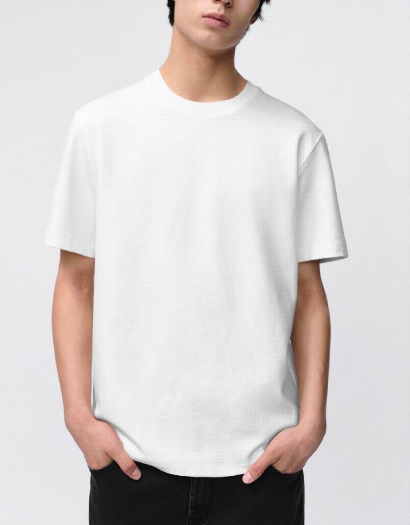 White Men's Urban Revivo Crew Neck Straight T Shirts | LWR3184EP