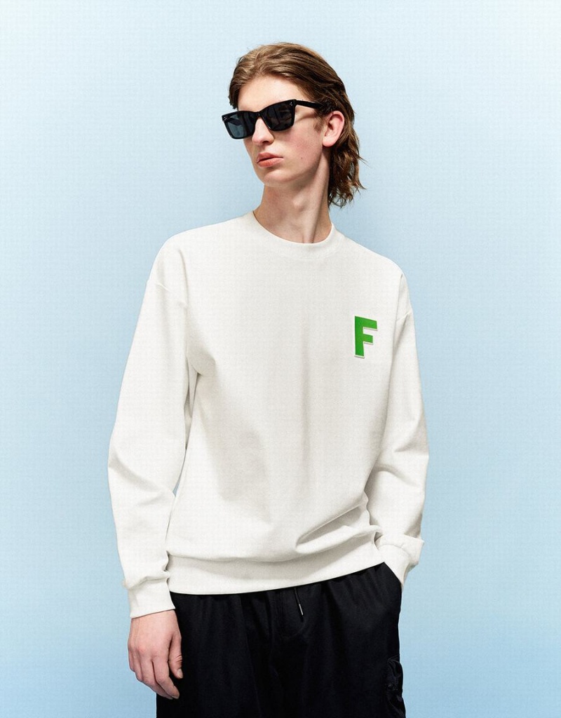 White Men's Urban Revivo Letter Embossed Crew Neck Sweatshirts | VYD3929LL