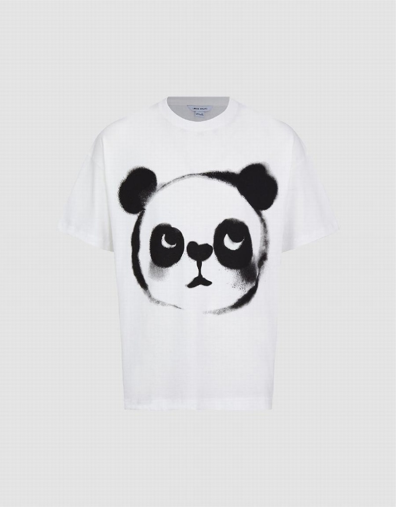 White Men's Urban Revivo Panda Printed Crew Neck T Shirts | PGO6134KE