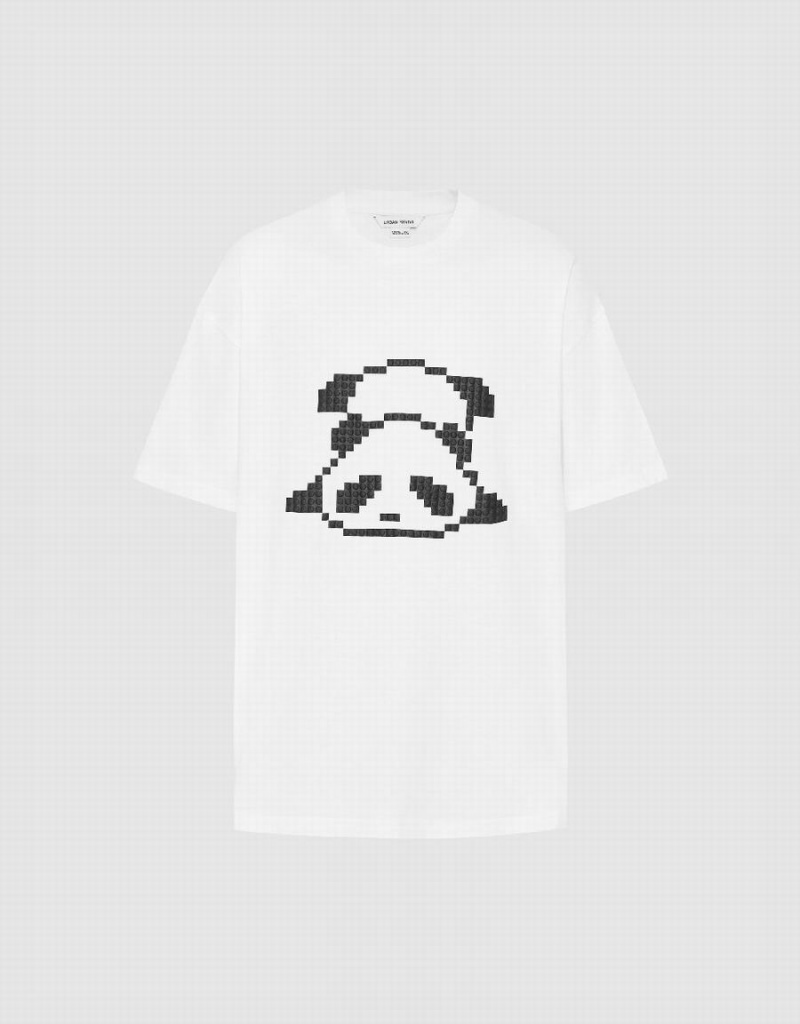 White Men's Urban Revivo Panda Printed Crew Neck T Shirts | PAU9369BD