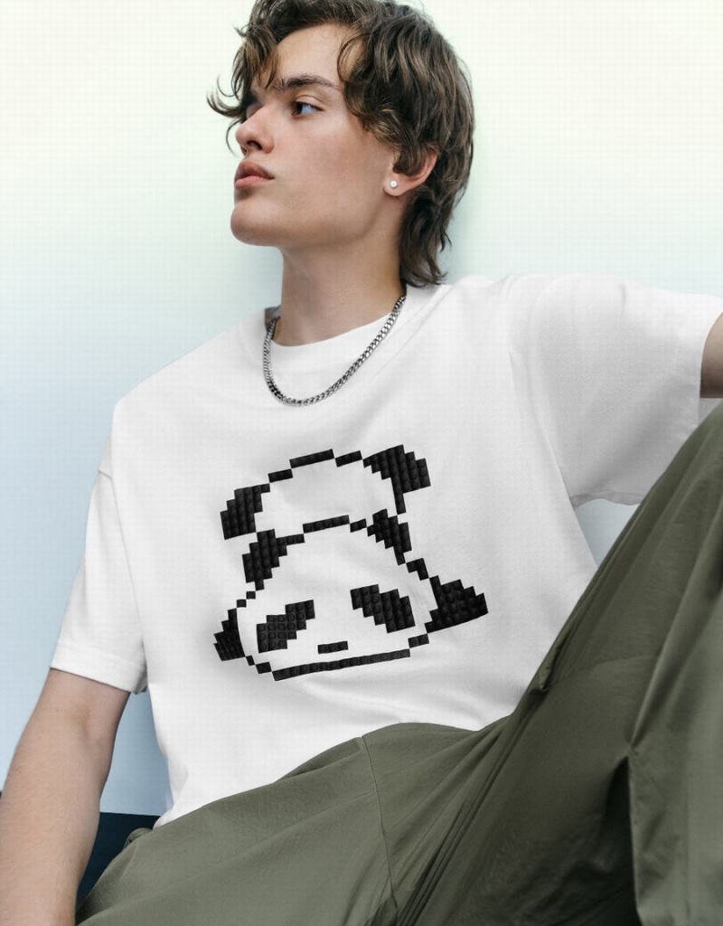 White Men's Urban Revivo Panda Printed Crew Neck T Shirts | PAU9369BD