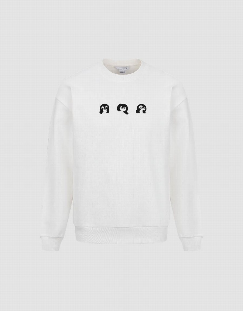 White Men's Urban Revivo Penguins Printed Crew Neck Sweatshirts | EWC1952HV