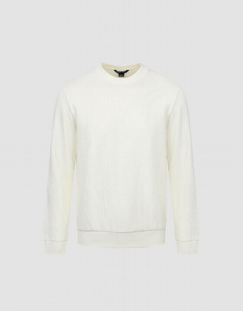 White Men's Urban Revivo Standard Sleeve Crew Neck Sweatshirts | FQD3143KB