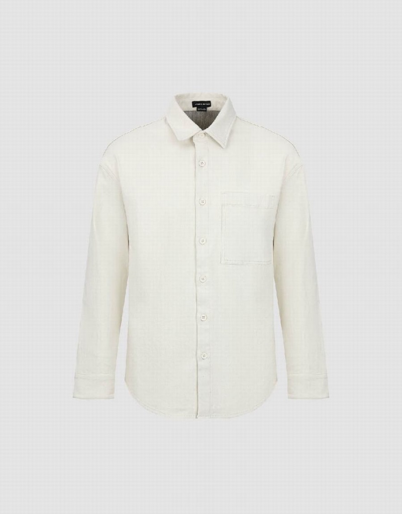 White Men's Urban Revivo Straight Denim Shirts | HUV1014CC