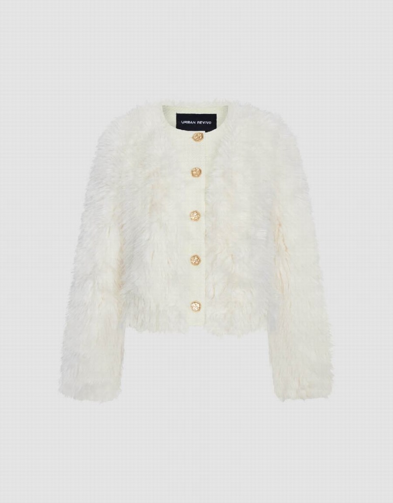 White Women's Urban Revivo Button Up Straight Furry Coats | XUI8967HE