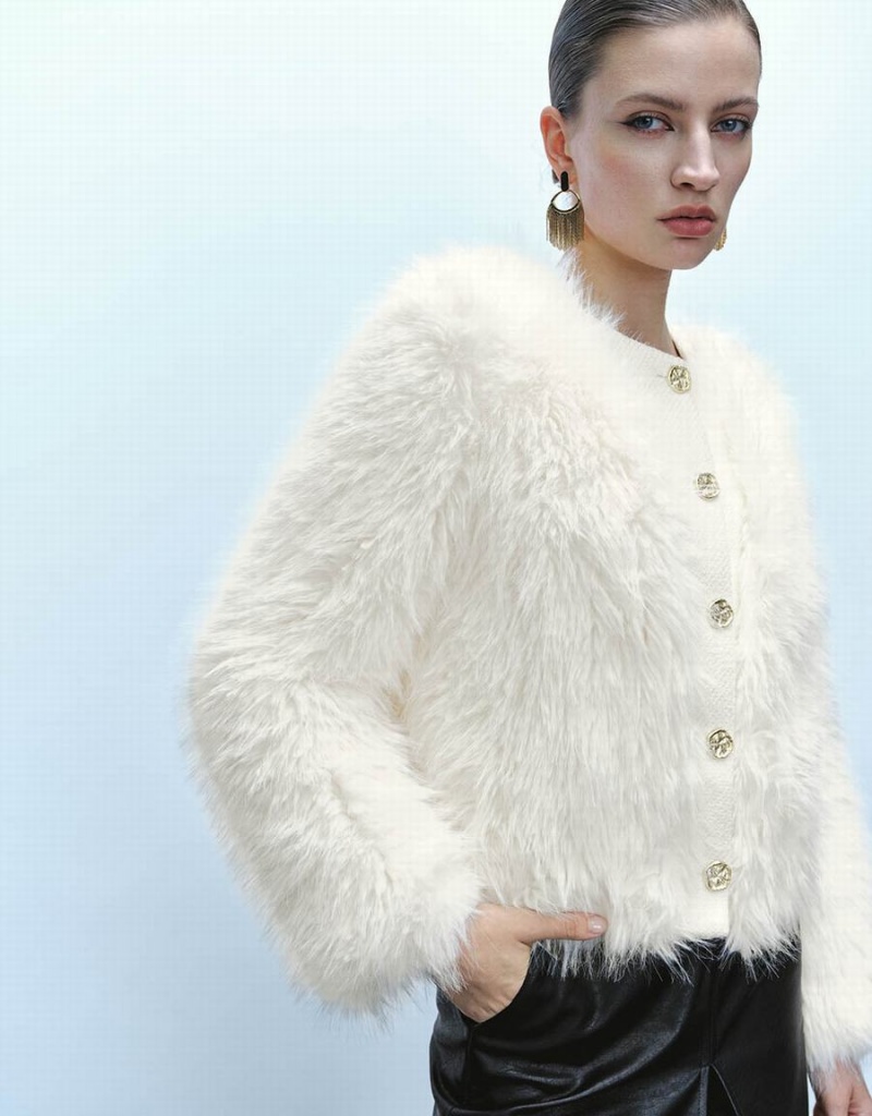 White Women's Urban Revivo Button Up Straight Furry Coats | XUI8967HE