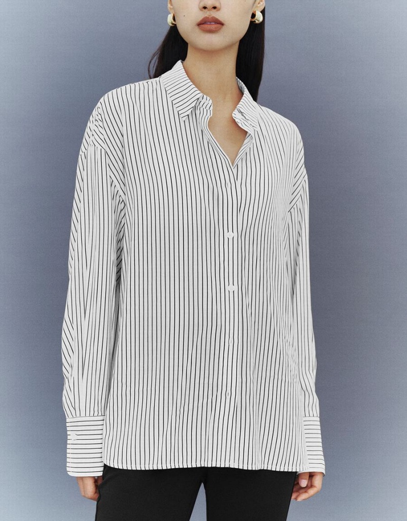 White Women's Urban Revivo Button Up Striped Straight Shirts | DKU5664UZ