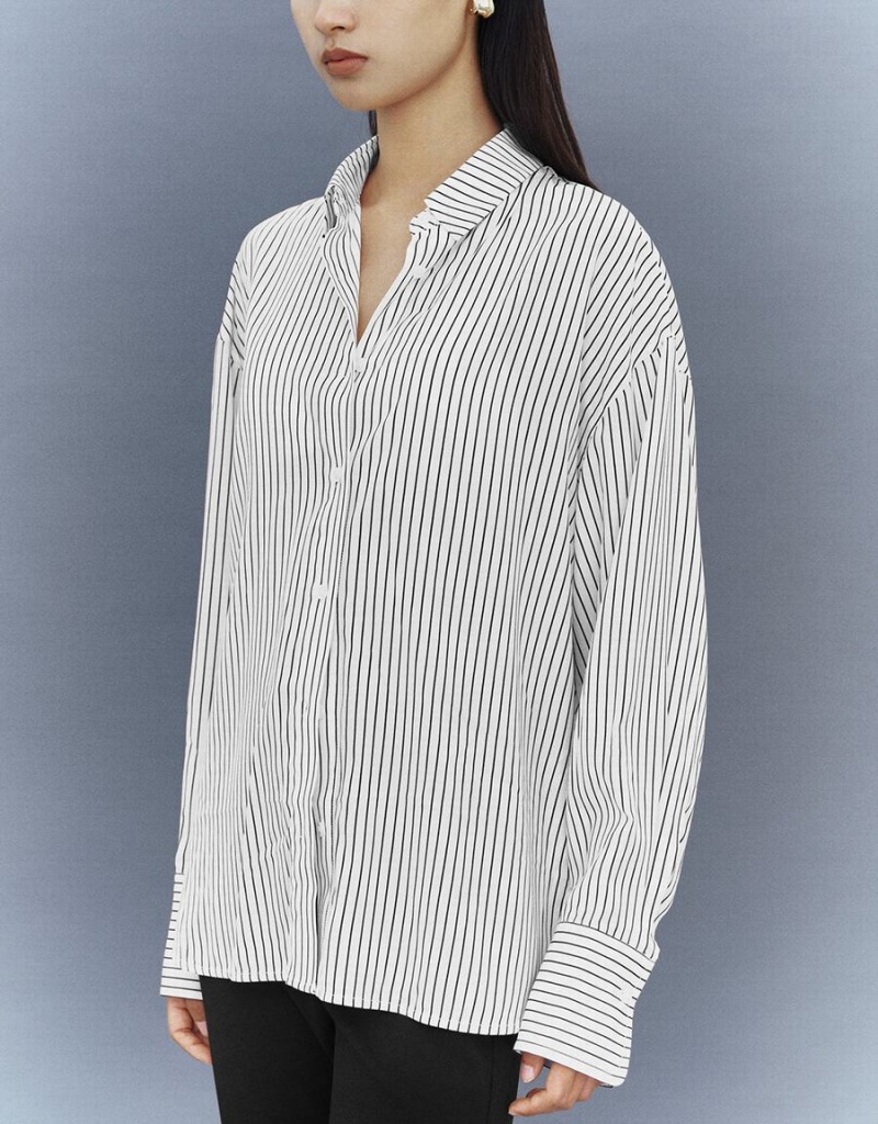 White Women's Urban Revivo Button Up Striped Straight Shirts | DKU5664UZ