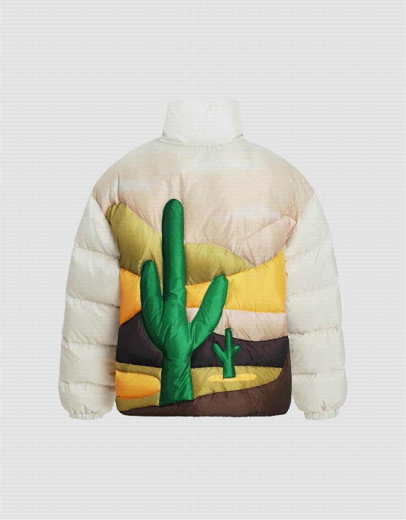 White Women's Urban Revivo Cactus Embossed Stand Collar Puffer Jacket | PAE631XB