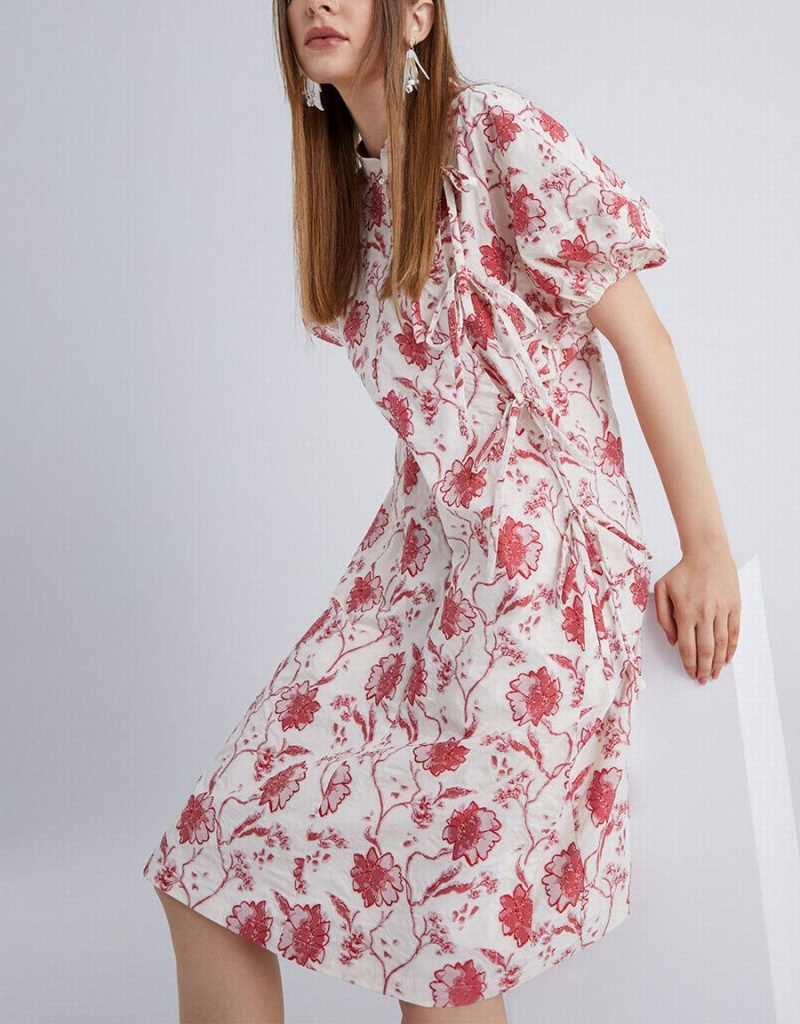 White Women's Urban Revivo Chinese Style Floral Print Puff Sleeve Dress | GKQ8935TZ