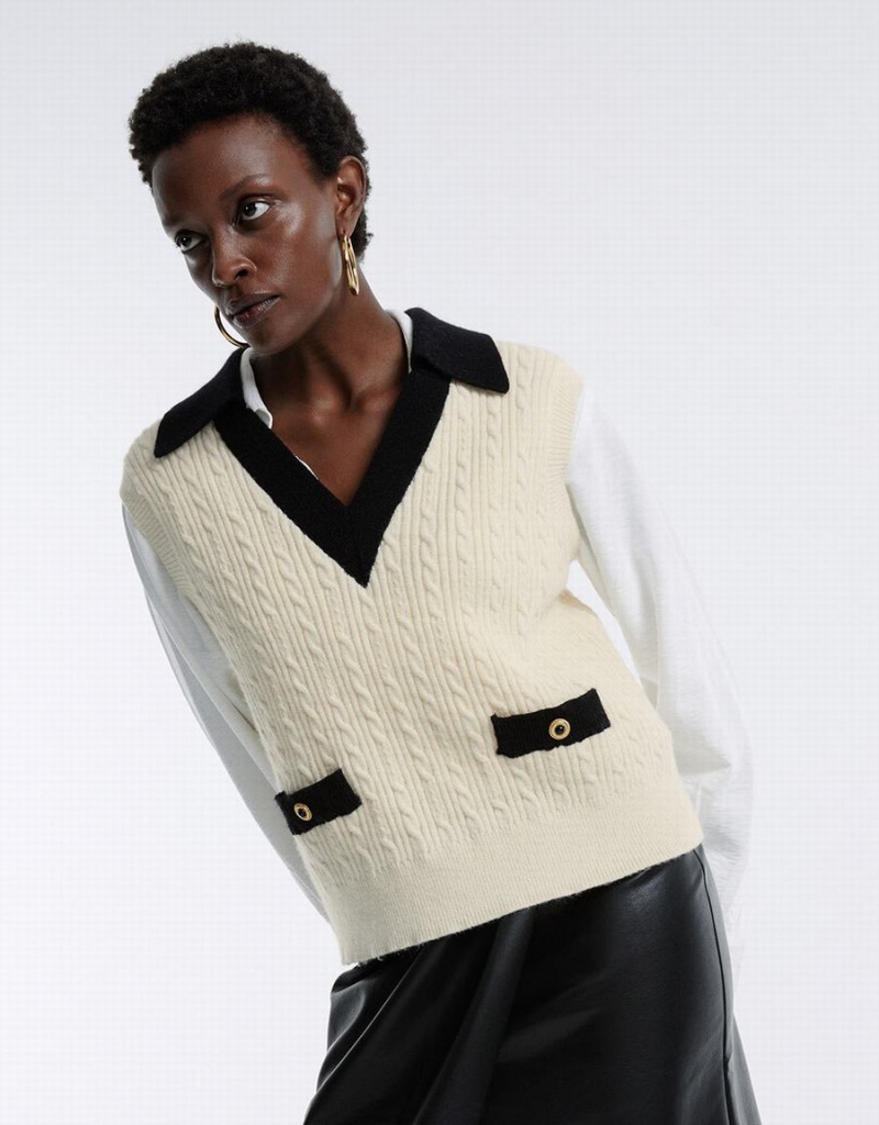 White Women's Urban Revivo Contrast Trim Sweaters | QZS8748ER