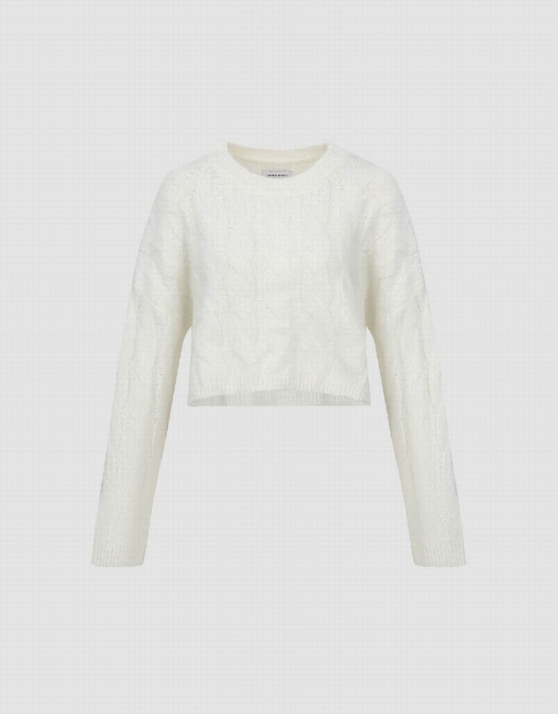 White Women's Urban Revivo Crew Neck Cable Knitted Cardigan | BMZ5799CF