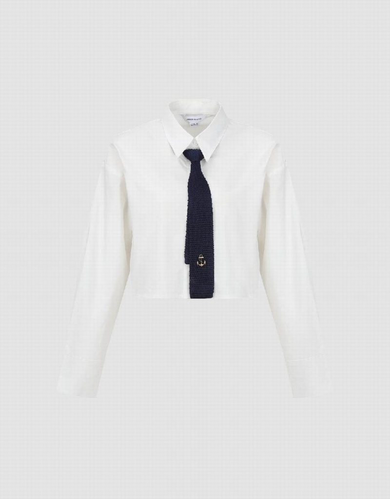 White Women's Urban Revivo Cropped Straight With Tie Shirts | QZM3874VV