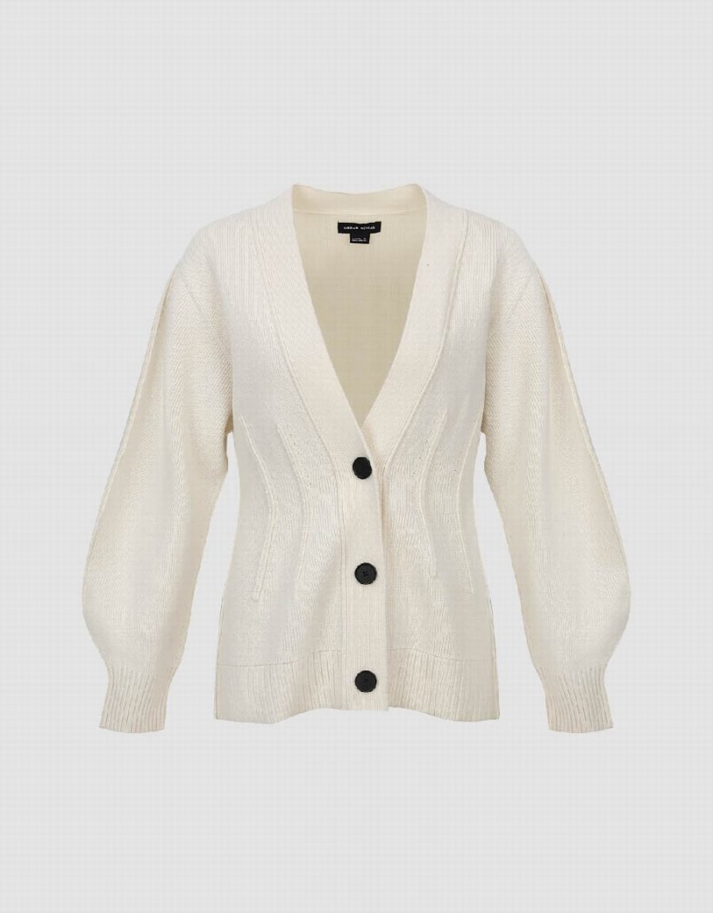 White Women's Urban Revivo Drop Shoulder Sleeve V-Neck Knitted Cardigan | RHM9918AO