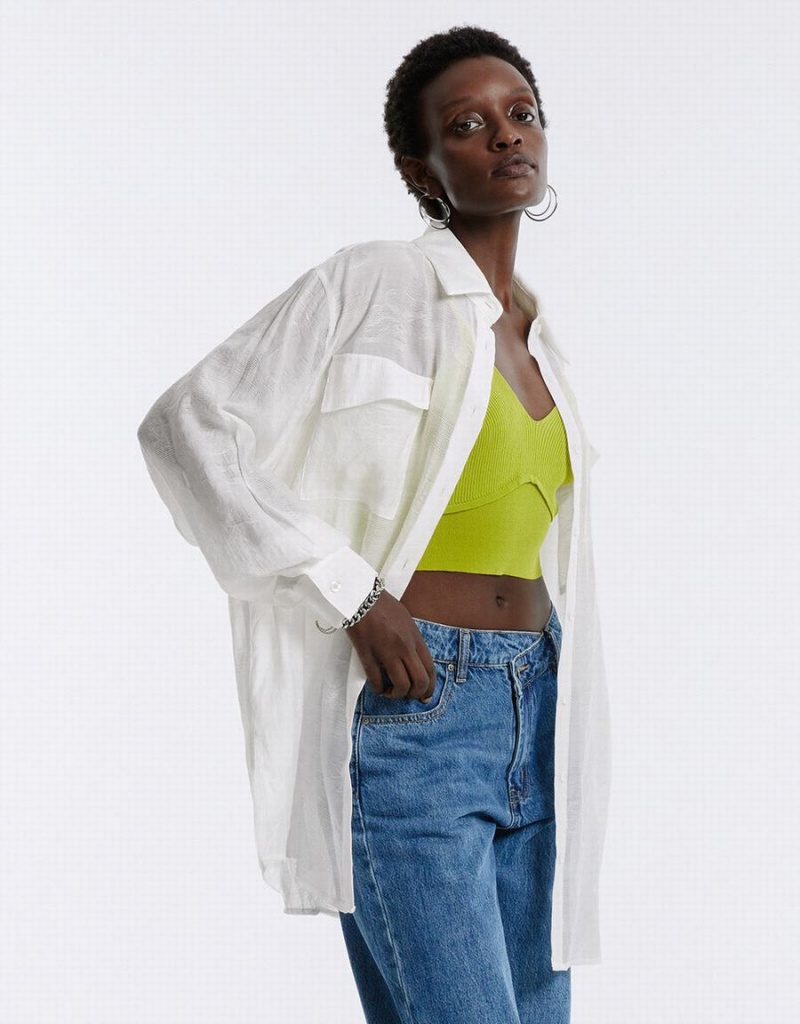 White Women's Urban Revivo Flap Pocket Shirts | JWF7757YV