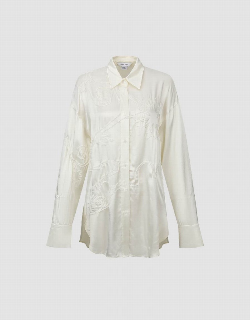 White Women's Urban Revivo Flower Embossed Loose Shirts | LMG988FA