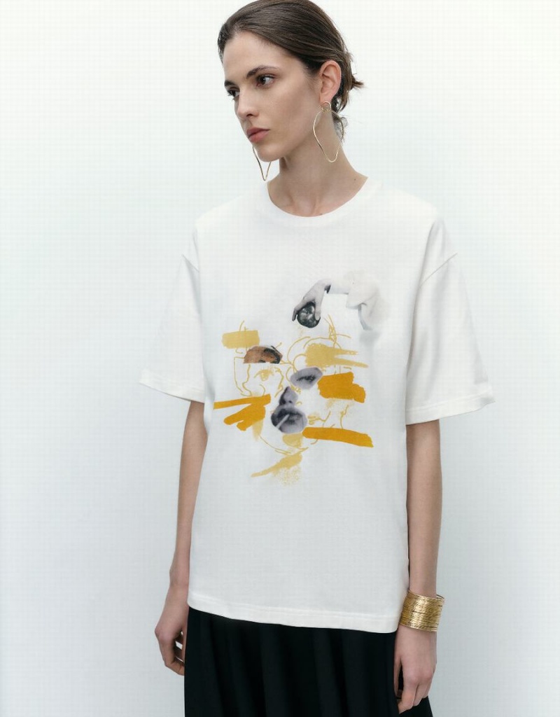 White Women's Urban Revivo Graphic Crew Neck Straight T Shirts | ZOW6648KM