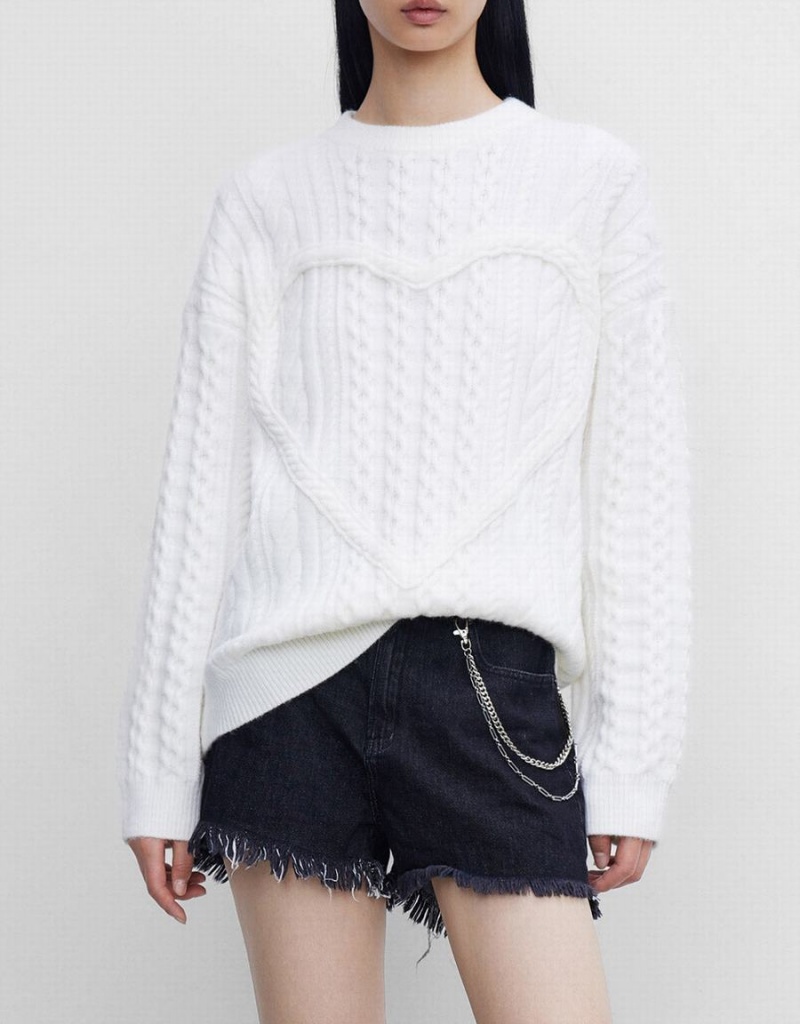 White Women's Urban Revivo Heart Cable Knit Sweaters | FGT1430HP