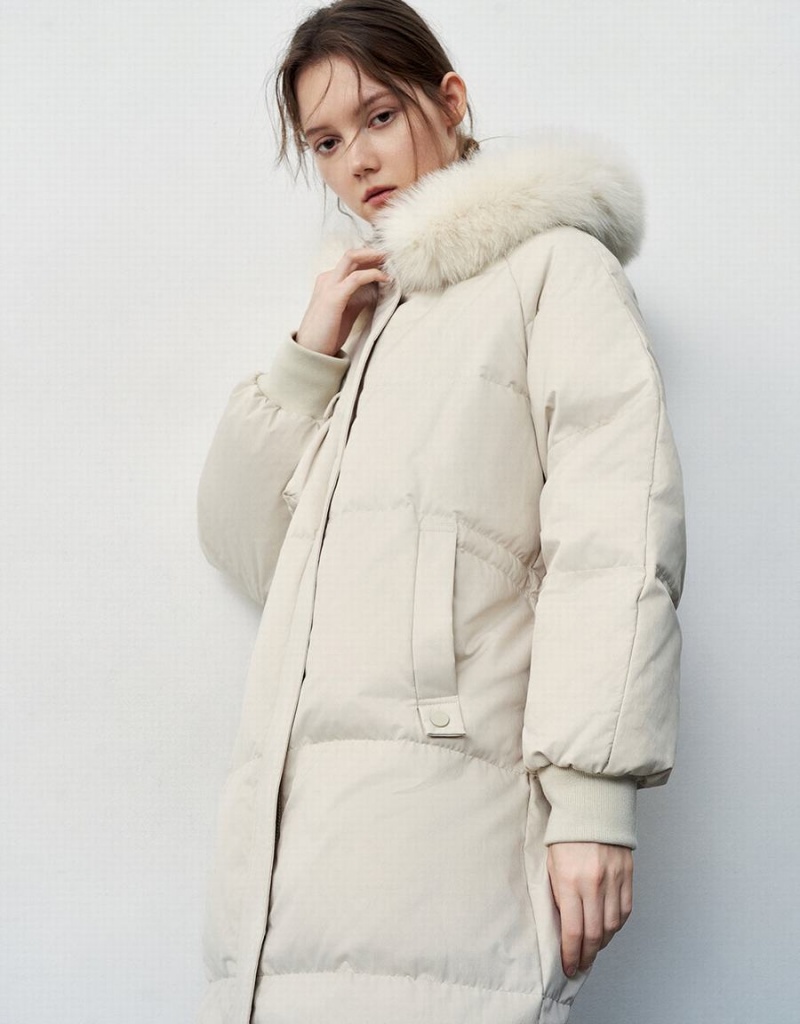 White Women's Urban Revivo Hooded With Furry Collar Down Jackets | TVH3153BS