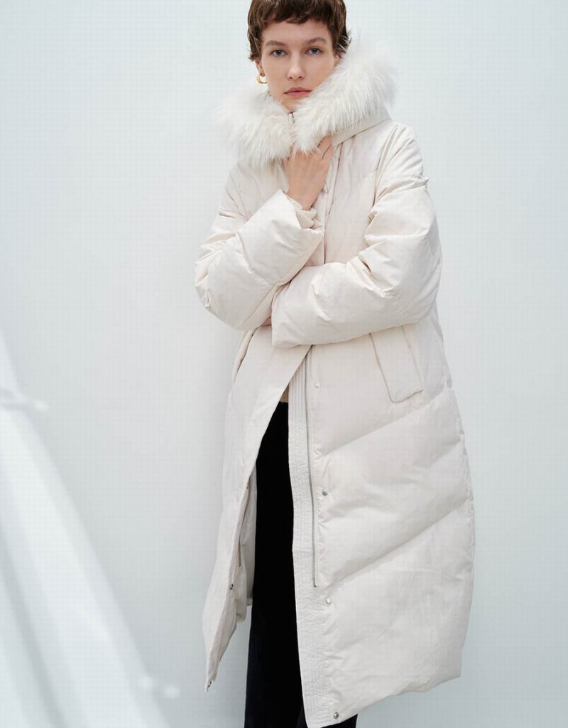 White Women's Urban Revivo Hoodie With Furry Collar Down Jackets | QML813MT