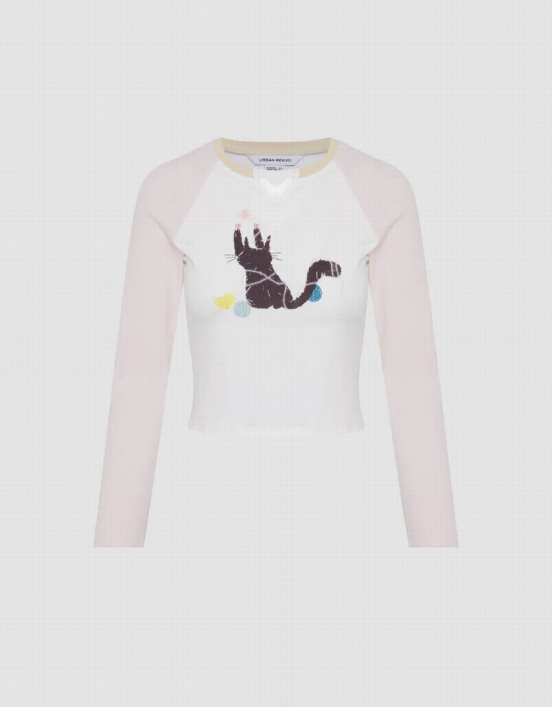 White Women's Urban Revivo Kitty Printed Raglan Sleeve Skinny T Shirts | TXT6138AC