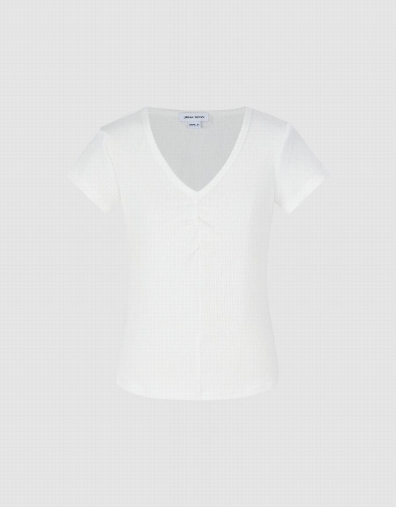 White Women's Urban Revivo Knitted V-Neck Skinny T Shirts | FLG4032IA