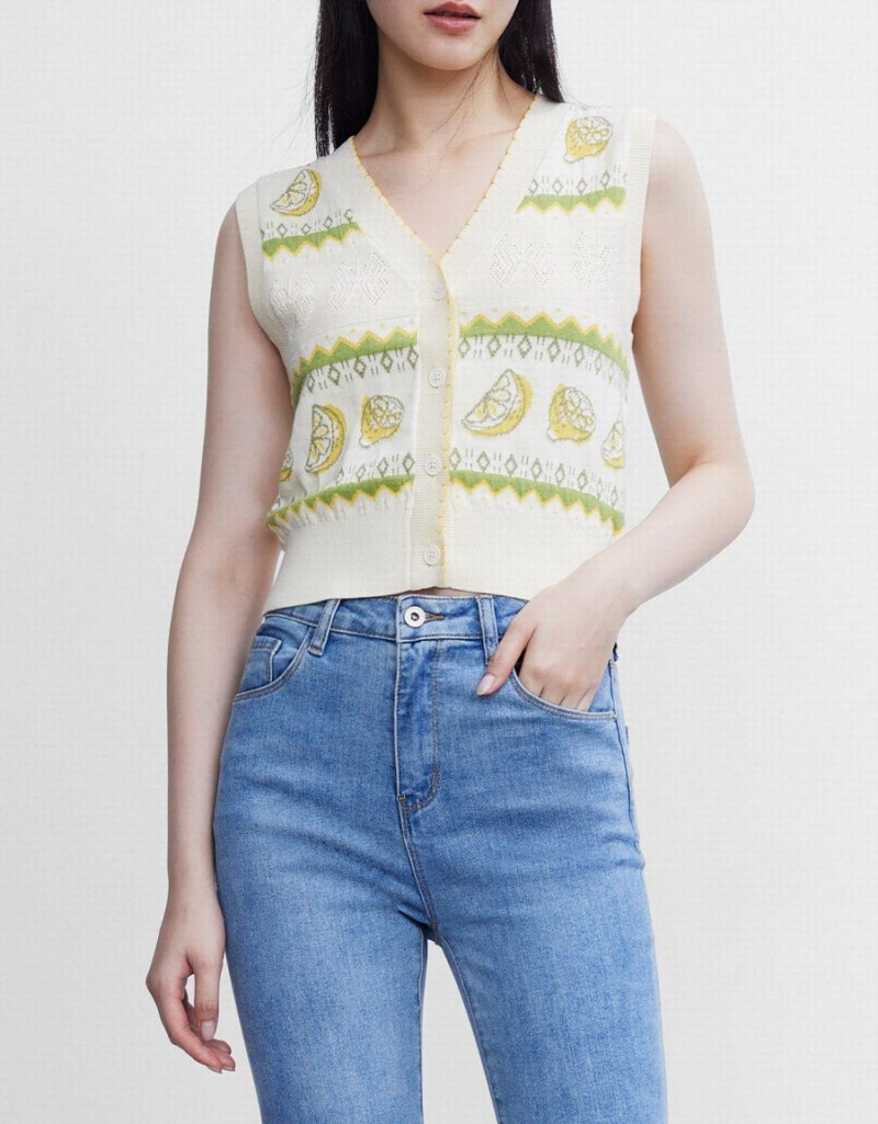 White Women's Urban Revivo Lemon Print Button Front Knitted Tank Top | QYW6142CO