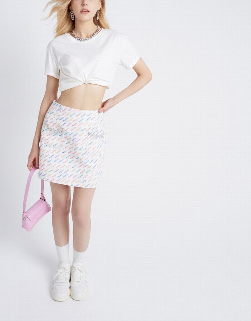 White Women's Urban Revivo Letter Print Rhinestone Detail Skirts | IHU7470EB