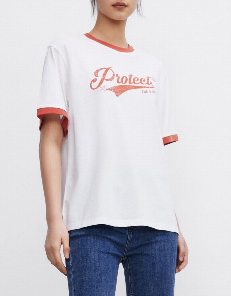 White Women's Urban Revivo Letter Print T Shirts | APA2886SQ