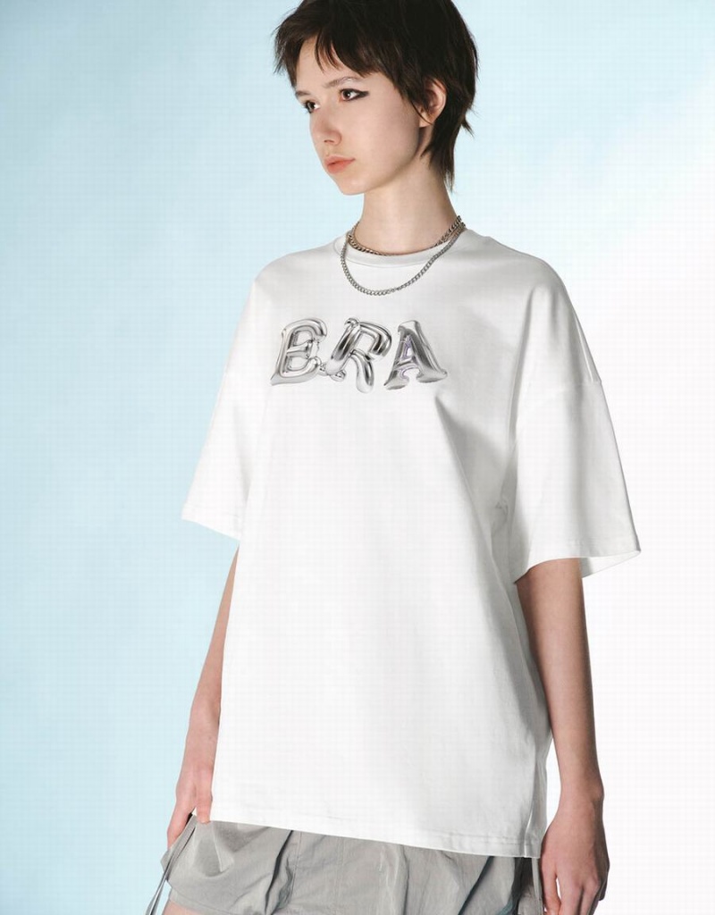 White Women's Urban Revivo Letter Printed Crew Neck Loose T Shirts | ITH3056RM