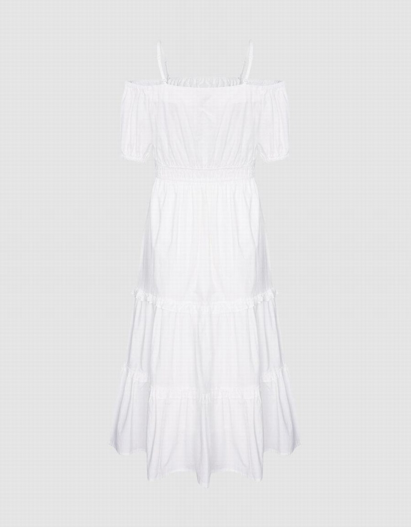 White Women's Urban Revivo Plain Cold Shoulder Tiered Midi Dress | LGG3886XC