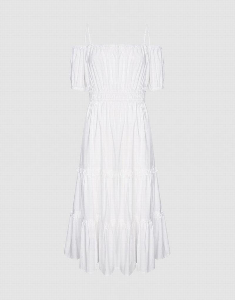 White Women\'s Urban Revivo Plain Cold Shoulder Tiered Midi Dress | LGG3886XC