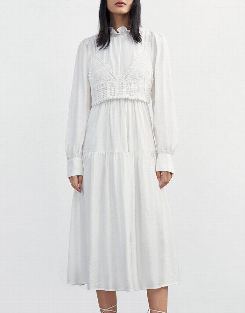 White Women's Urban Revivo Plain Frill Trim Puff Sleeve Dress | GEW479SR