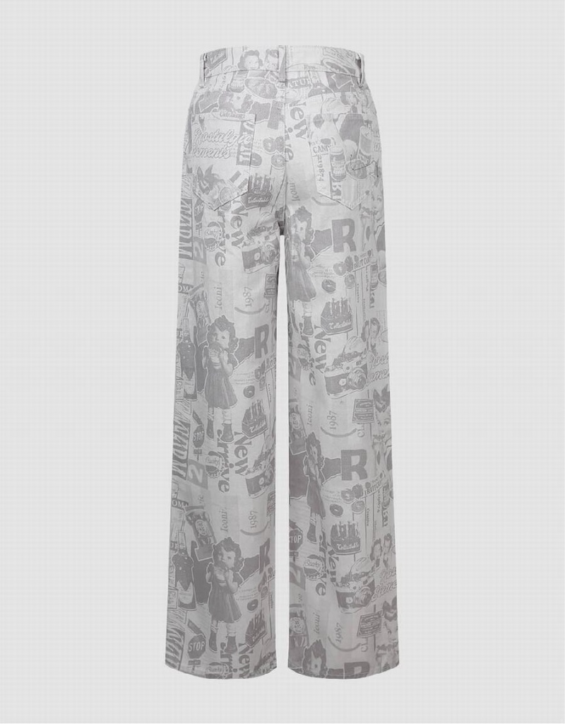 White Women's Urban Revivo Printed Wide-Leg Jeans | KZG9368TP