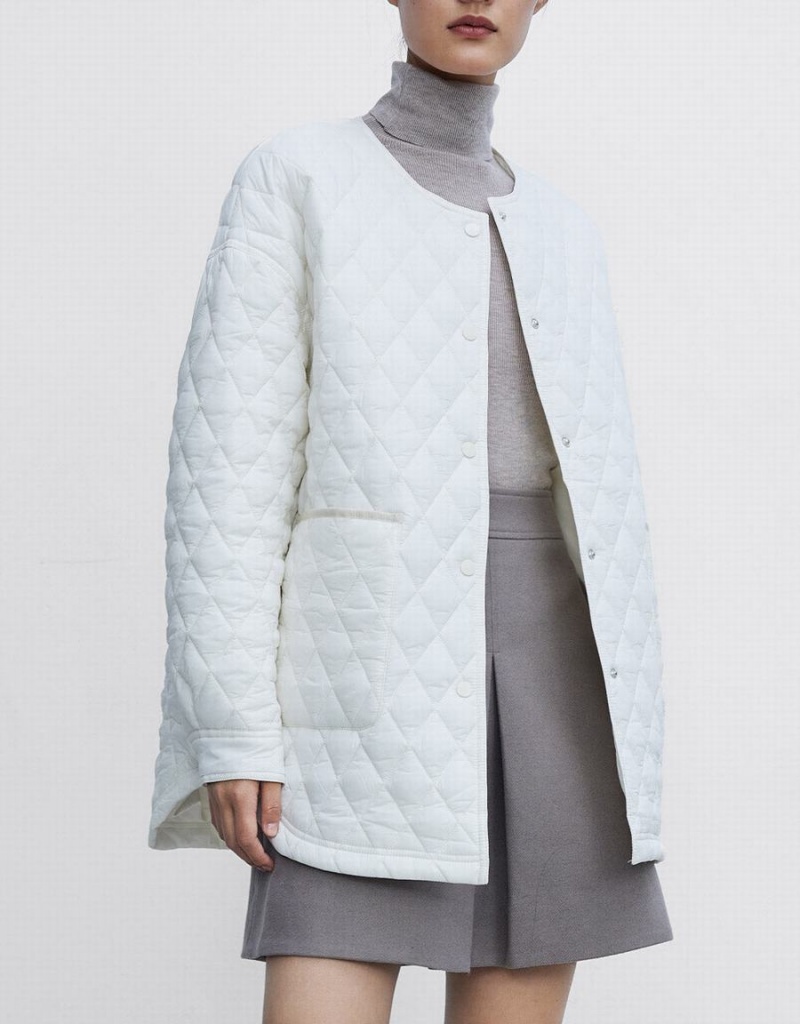 White Women's Urban Revivo Quilted Statement Collar Winter Coats | YFV4474OZ