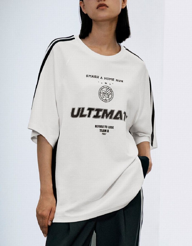 White Women's Urban Revivo Raglan Sleeve Crew Neck Loose T Shirts | INZ9566RP