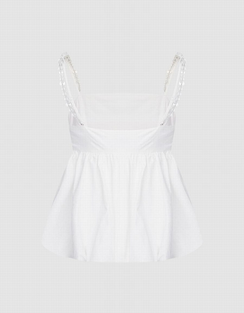 White Women's Urban Revivo Ruffle Hem Cami Top With Beaded Strap Tank Top | BKU9261XR