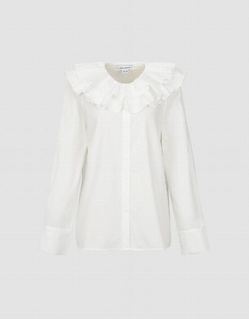 White Women's Urban Revivo Ruffle Lapel Shirts | CSM9782PF