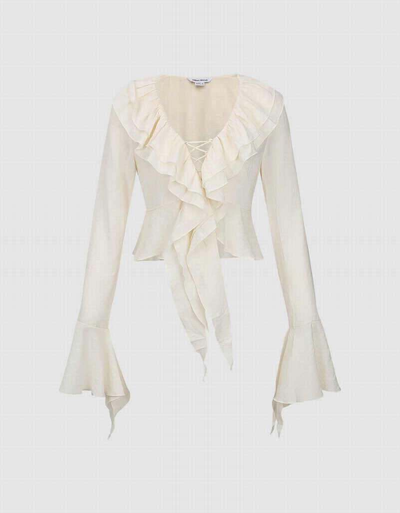 White Women's Urban Revivo Ruffle Lapel Shirts | QLH1881YK