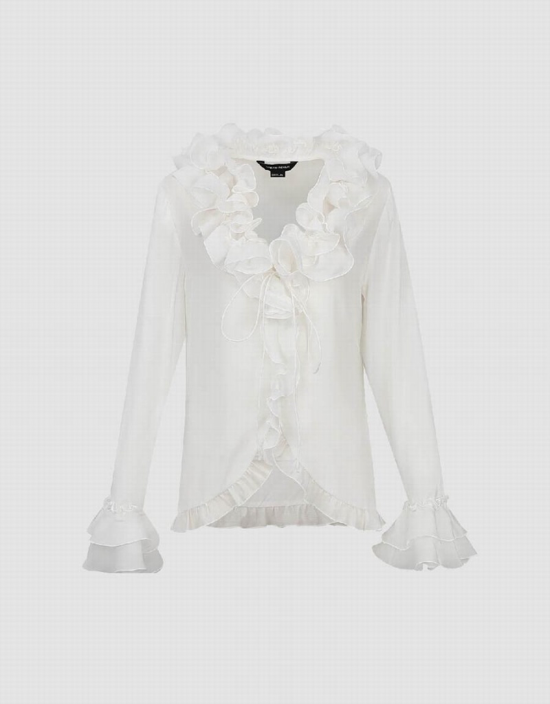 White Women's Urban Revivo Ruffle V-Neck Tie Front Blouse | TVK1390JP