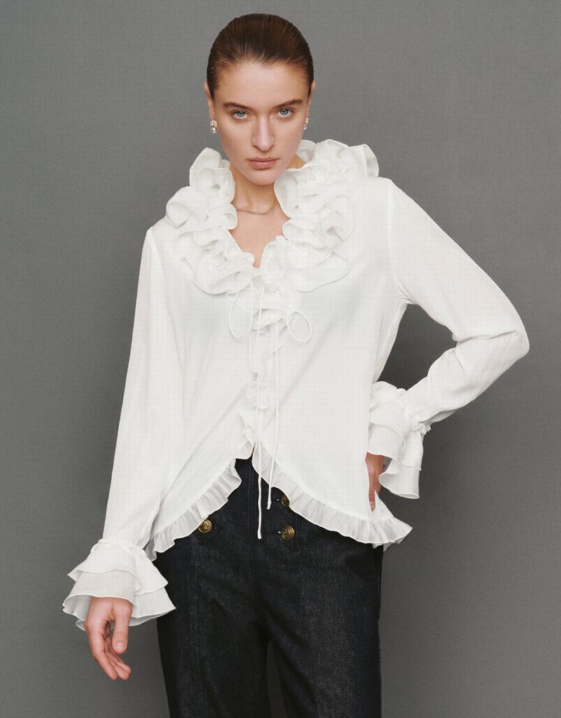 White Women\'s Urban Revivo Ruffle V-Neck Tie Front Blouse | TVK1390JP