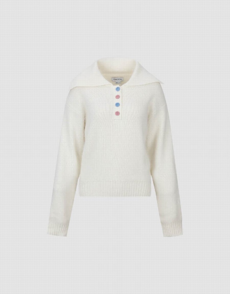 White Women's Urban Revivo Sailor Collar Neck Knitted Cardigan | BOG7552RV