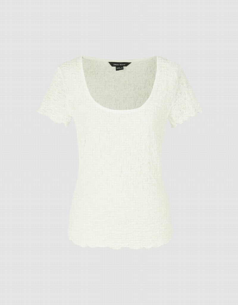 White Women's Urban Revivo Shirred Square-cut Collar Skinny T Shirts | GIQ2864ZN