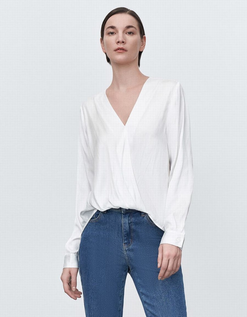 White Women's Urban Revivo Silk Effect Wrap Blouse | WLJ1461DV