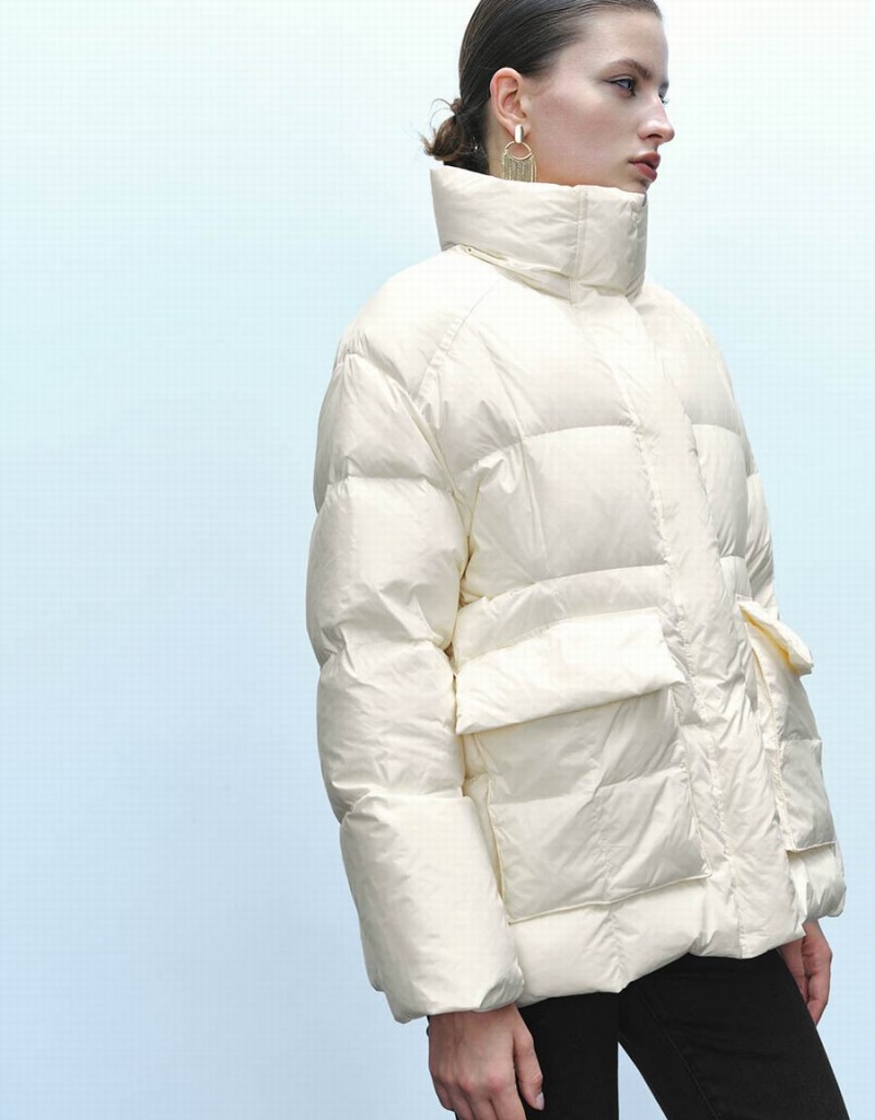 White Women's Urban Revivo Stand Collar Puffer Jacket | CVB4581NQ