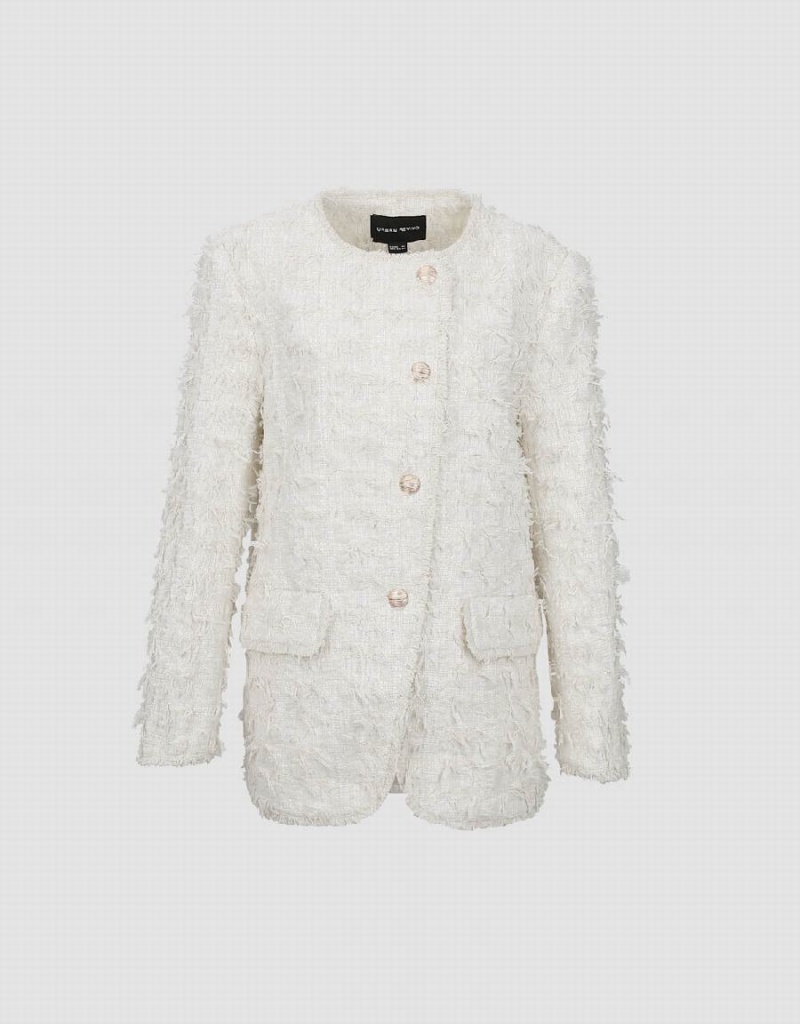 White Women's Urban Revivo Standard Sleeve Fuzzy Jackets | YLI6530FM