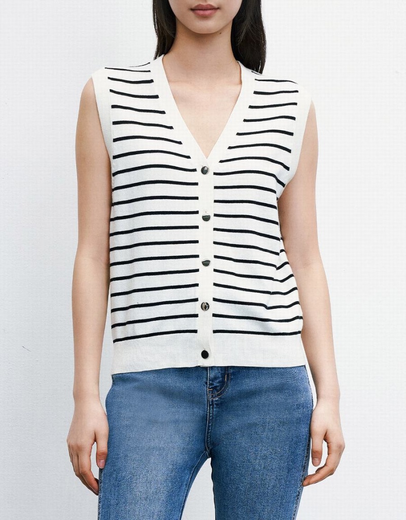 White Women's Urban Revivo Striped Button Front Tank Top | QYU3067TG