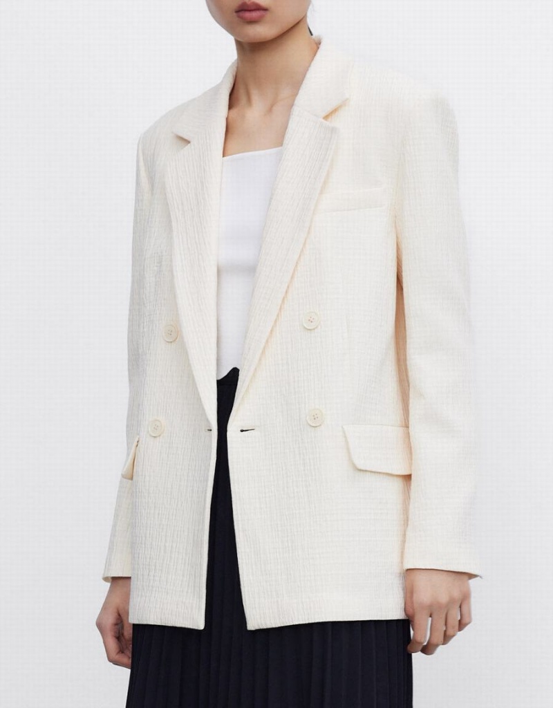 White Women's Urban Revivo Textured Double Breasted Blazers | WRC5427CX